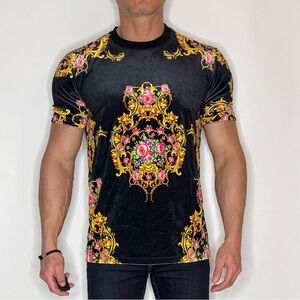 Forever 21 Black Tee with Gold and Pink Baroque Floral Print